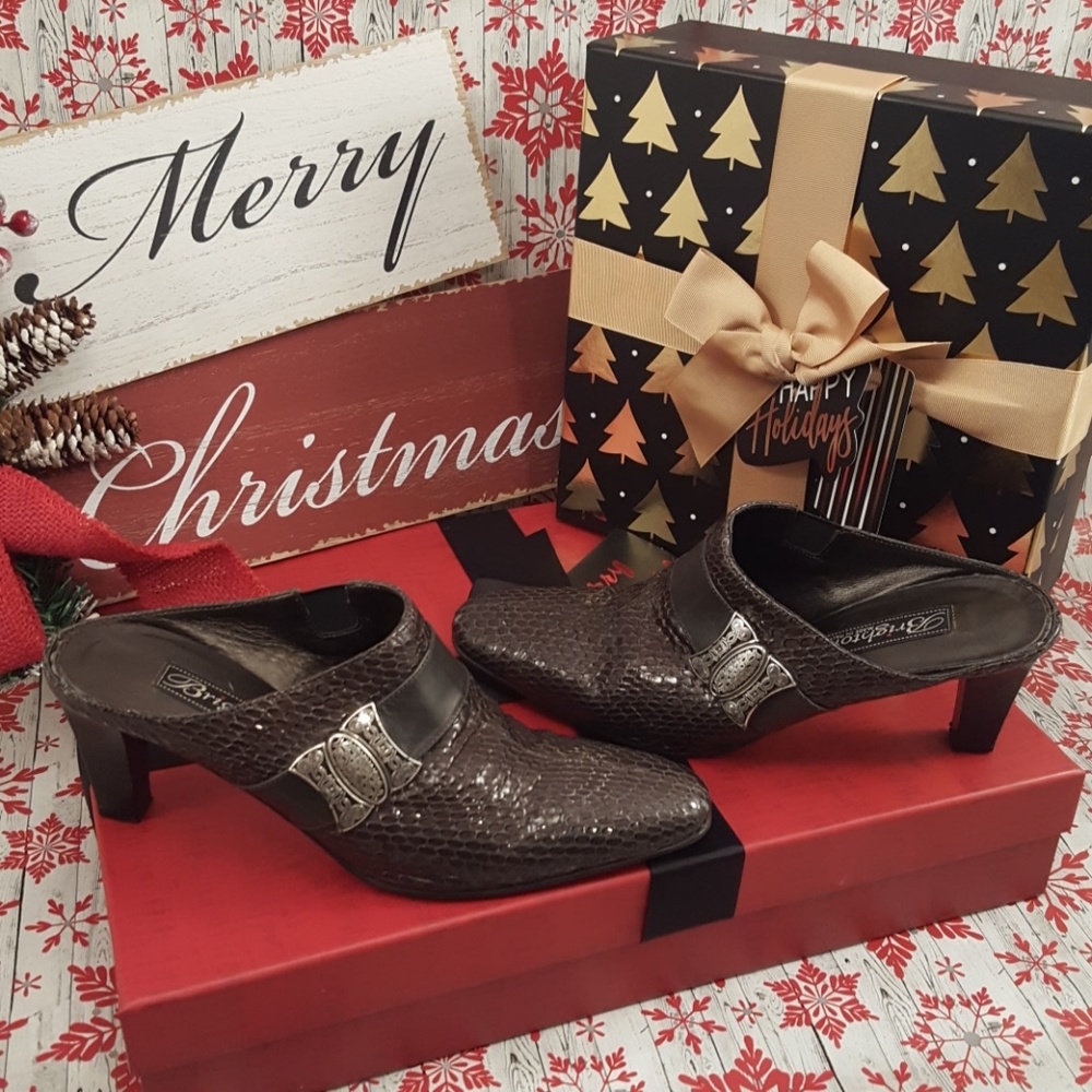 Brighton brown and grey snakeskin pattern mules